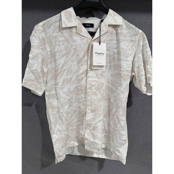 Theory Irving SS Shirt XS Sand Multi Abstract Palm Print Lightweight - Picture 1 of 6